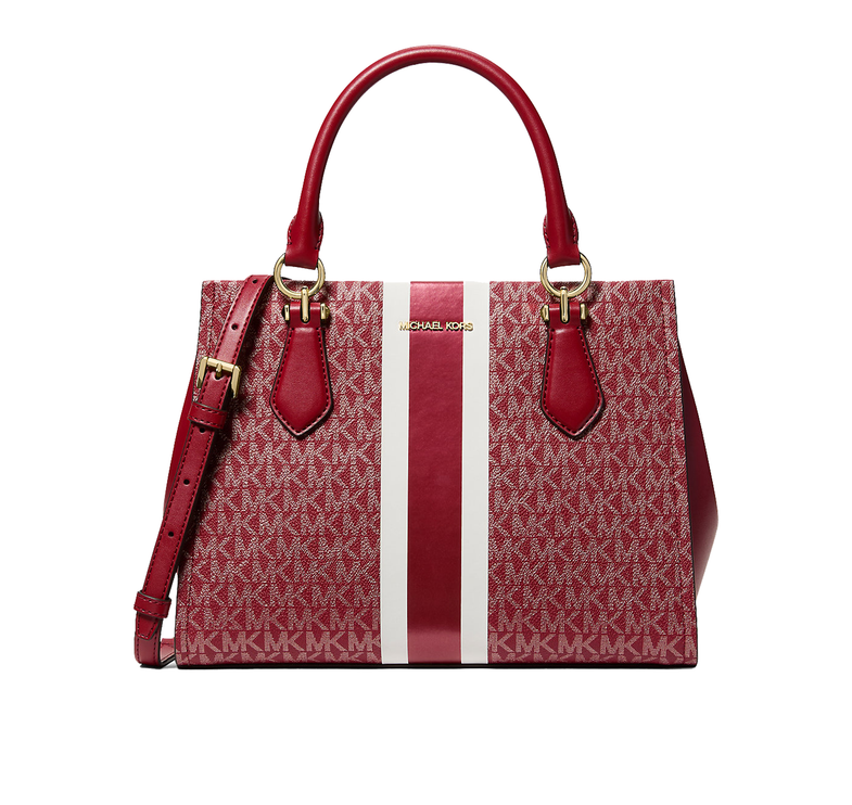 Michael Kors Women's Marilyn Medium Signature Logo Stripe Satchel Bag Cherry/Gold