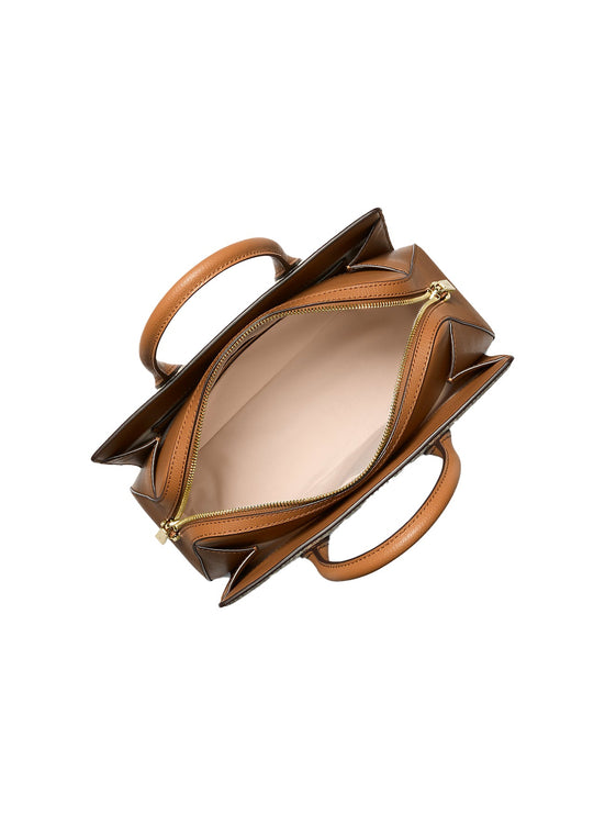 Michael Kors Women's Laila Medium Signature Logo Satchel Bag Vanilla/Acorn/Gold