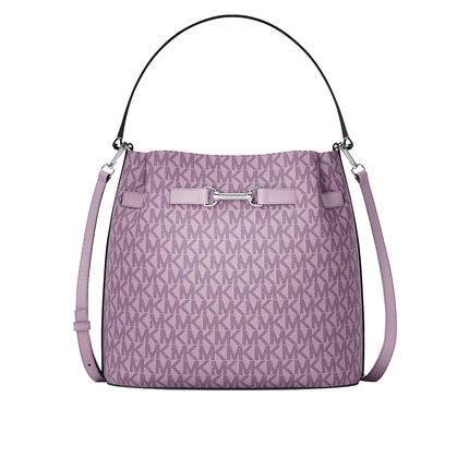 Michael Kors Women's Carson Medium Signature Logo Convertible Bucket Crossbody Bag Light Quartz/Silver