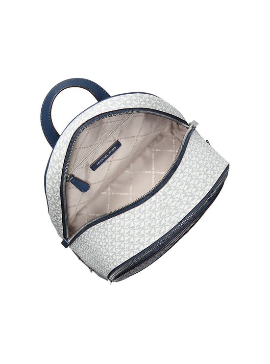 Michael Kors Women's Rhea Medium Metallic Signature Logo Backpack Navy/Silver