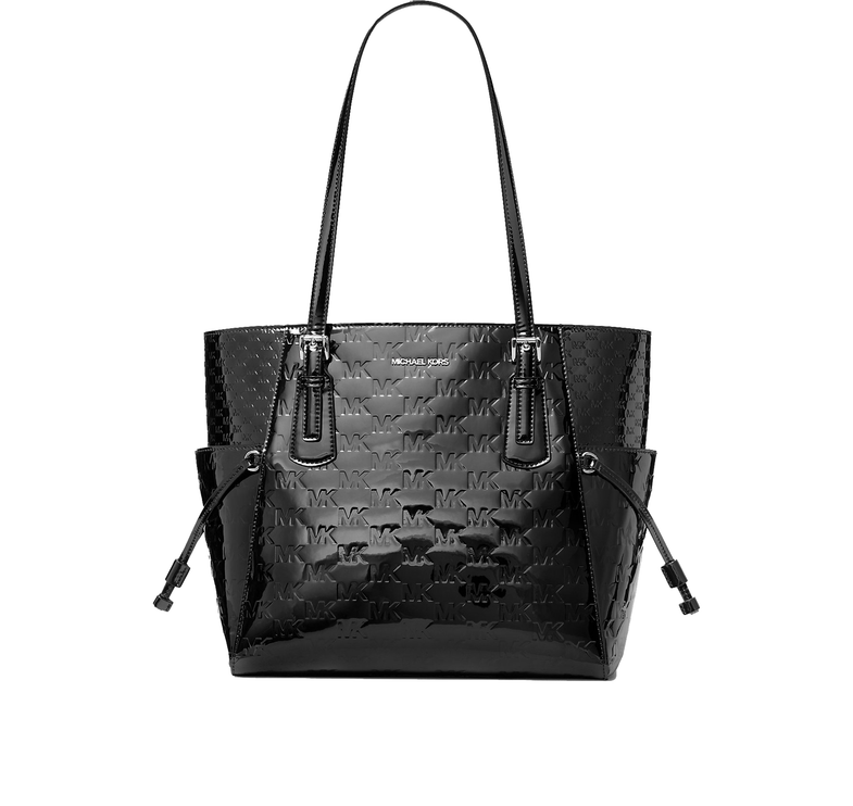 Michael Kors Women's Voyager Large Patent Logo Debossed Tote Bag Black/Silver