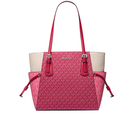 Michael Kors Women's Voyager Large Color-Block Signature Logo Tote Bag Dark Raspberry Multi/Silver