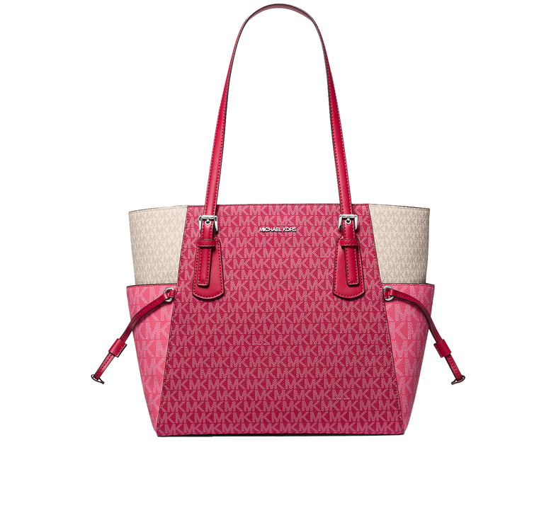 Michael Kors Women's Voyager Large Color-Block Signature Logo Tote Bag Dark Raspberry Multi/Silver