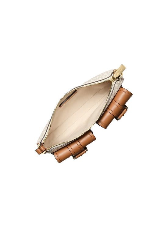 Michael Kors Women's Zoe Small Signature Logo Pochette Bag Vanilla/Acorn/Gold