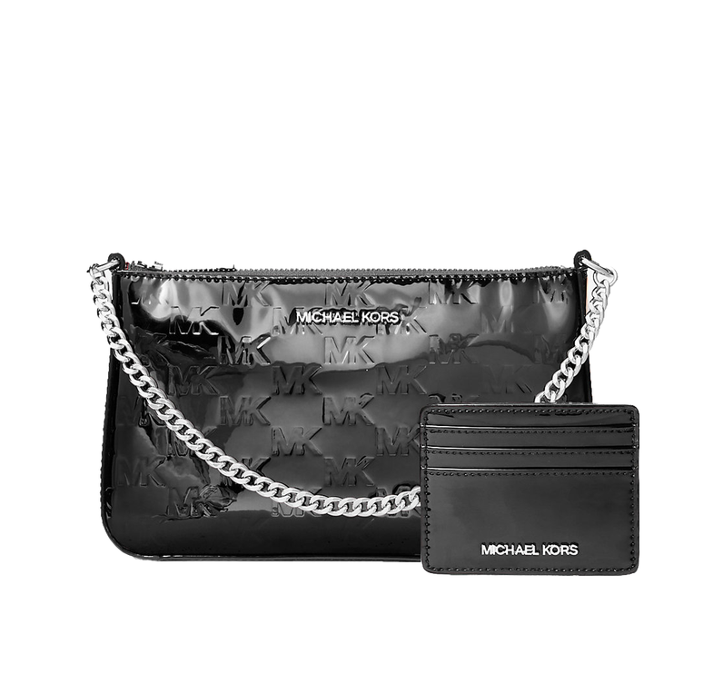 Michael Kors Women's Jet Set Patent Logo Debossed Pochette and Card Case Gift Set Black/Silver