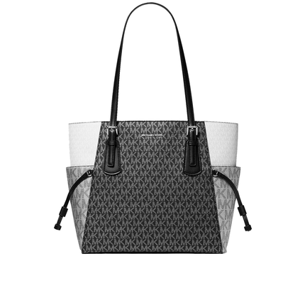Michael Kors Women's Voyager Large Color-Block Metallic Signature Logo Tote Bag Black/Silver