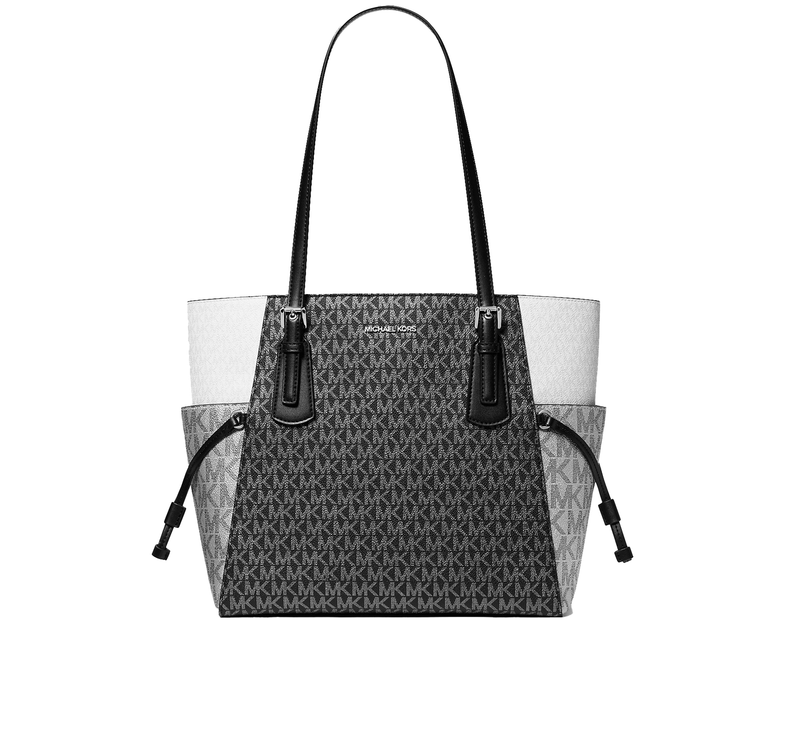 Michael Kors Women's Voyager Large Color-Block Metallic Signature Logo Tote Bag Black/Silver