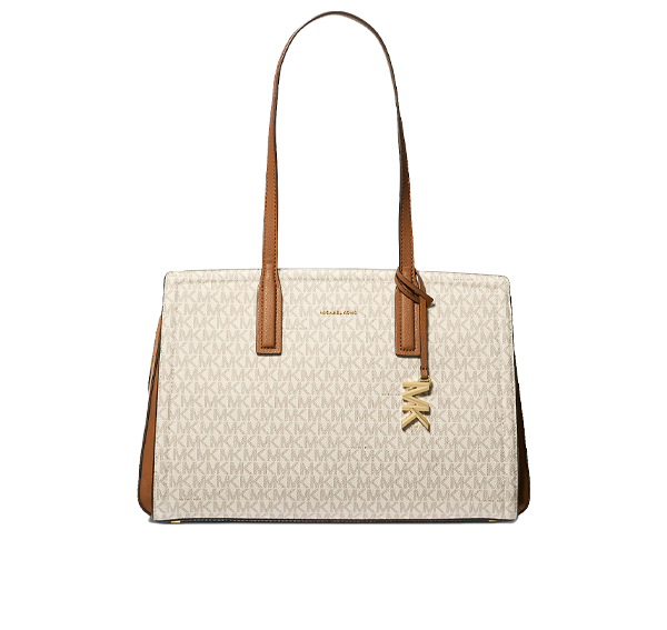 Michael Kors Women's Laila Medium Signature Logo Tote Bag Vanilla/Acorn/Gold