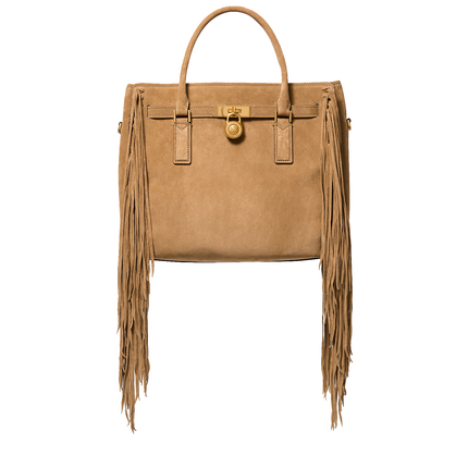 Michael Kors Women's Hamilton Moderne Large Fringed Suede Satchel Bag Husk/Gold