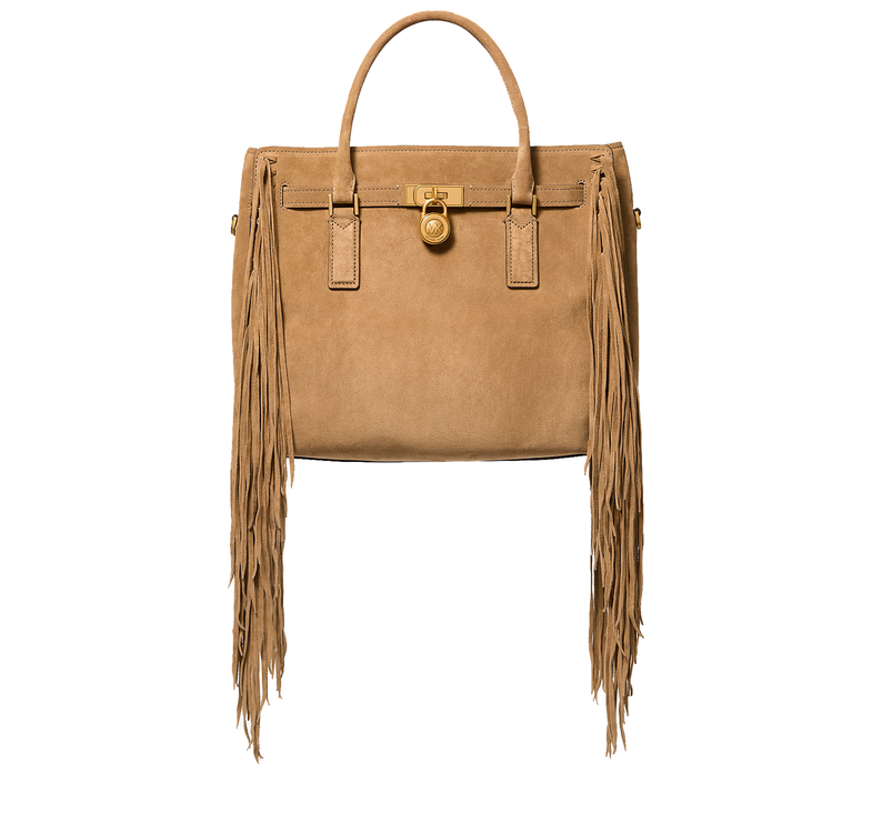 Michael Kors Women's Hamilton Moderne Large Fringed Suede Satchel Bag Husk/Gold