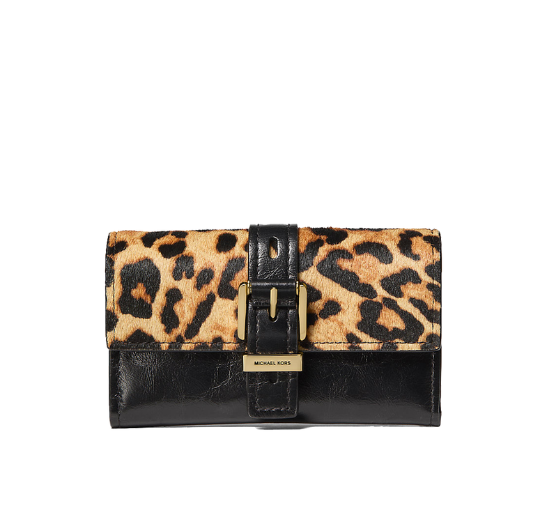 Michael Kors Women's Nolita Medium Leopard Print Calf Hair and Leather Tri-Fold Wallet Marigold