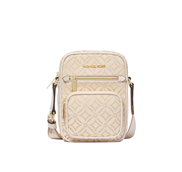 Michael Kors Women's Jet Set Medium Metallic Logo Jacquard Crossbody Bag Light Cream Multi