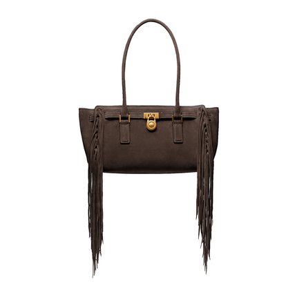 Michael Kors Women's Hamilton Moderne Small Fringed Suede Satchel Bag Chocolate/Gold