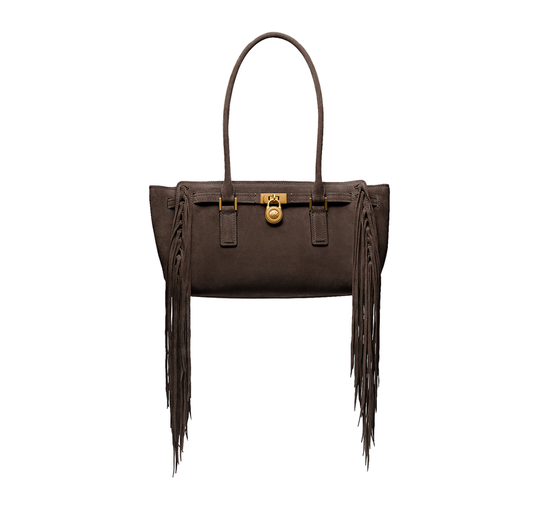 Michael Kors Women's Hamilton Moderne Small Fringed Suede Satchel Bag Chocolate/Gold