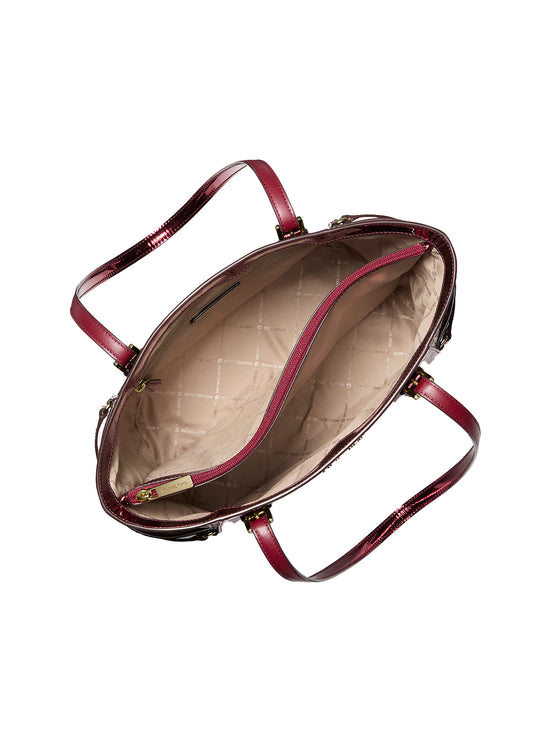 Michael Kors Women's Voyager Large Metallic Logo Debossed Tote Bag Cherry/Gold