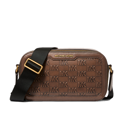 Michael Kors Men's Hudson Logo Embossed Burnished Leather Crossbody Bag Chocolate