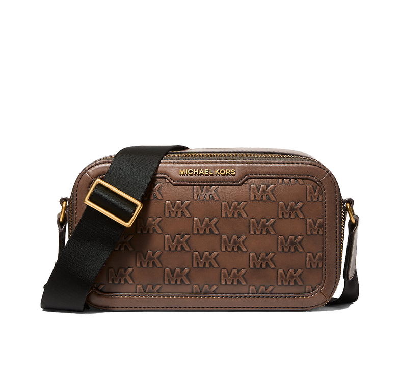 Michael Kors Men's Hudson Logo Embossed Burnished Leather Crossbody Bag Chocolate