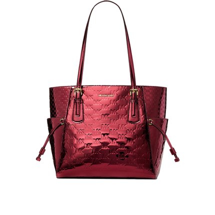 Michael Kors Women's Voyager Large Metallic Logo Debossed Tote Bag Cherry/Gold