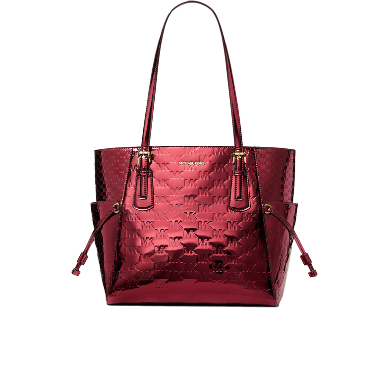 Michael Kors Women's Voyager Large Metallic Logo Debossed Tote Bag Cherry/Gold