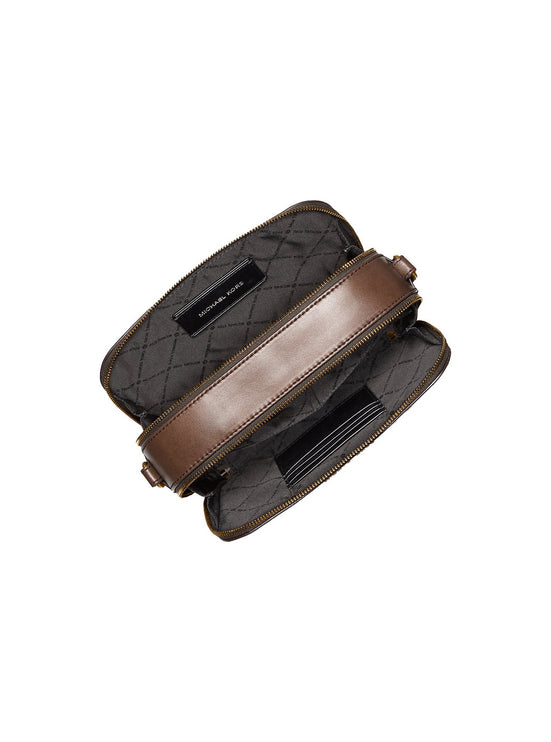 Michael Kors Men's Hudson Logo Embossed Burnished Leather Crossbody Bag Chocolate