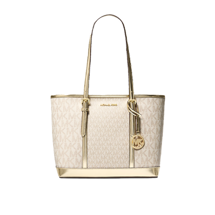 Michael Kors Women's Jet Set Travel Small Metallic Logo Top-Zip Tote Bag Pale Gold