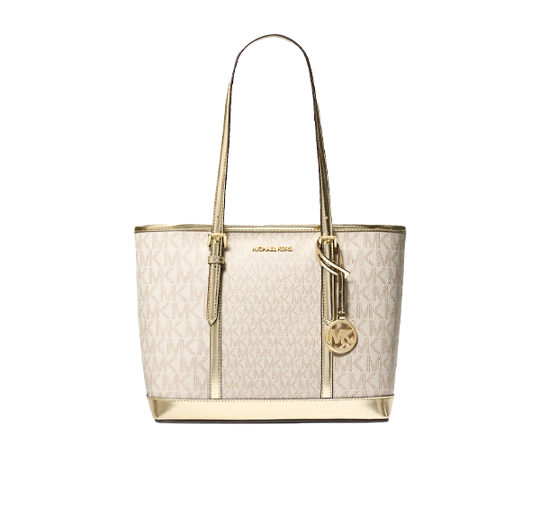 Michael Kors Women's Jet Set Travel Small Metallic Logo Top-Zip Tote Bag Pale Gold