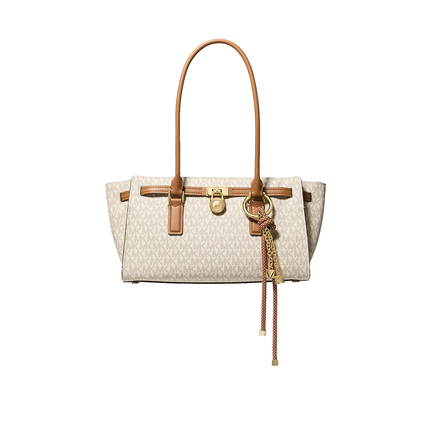 Michael Kors Women's Hamilton Moderne Small Signature Logo Satchel Bag Vanilla/Acorn/Gold