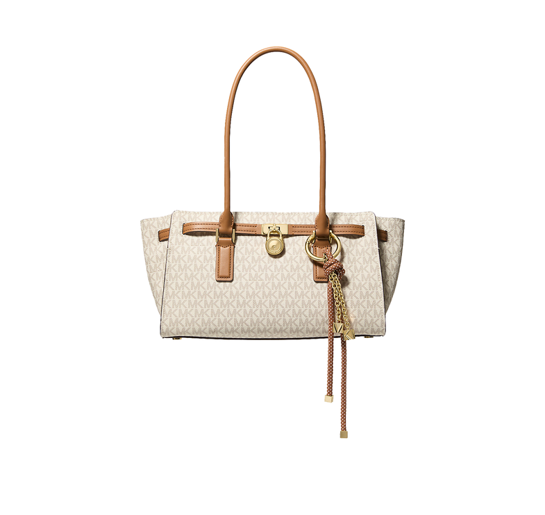 Michael Kors Women's Hamilton Moderne Small Signature Logo Satchel Bag Vanilla/Acorn/Gold