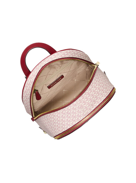 Michael Kors Women's Rhea Medium Metallic Signature Logo Backpack Cherry/Gold