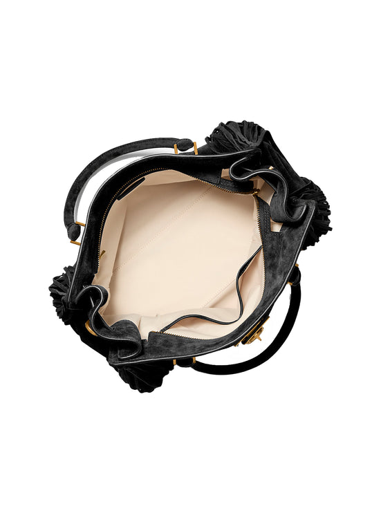 Michael Kors Women's Hamilton Moderne Large Fringed Suede Satchel Bag Black/Gold