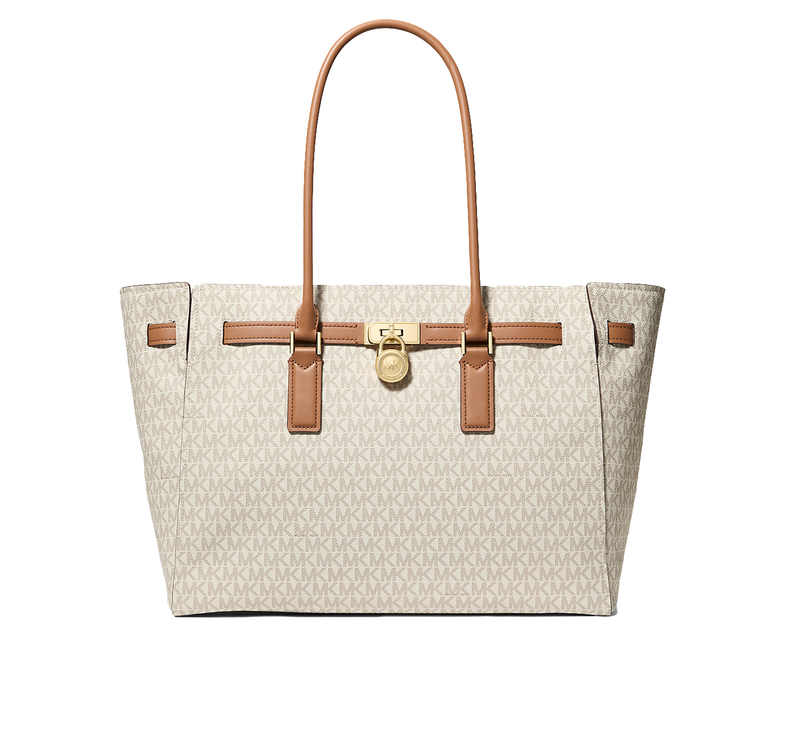 Michael Kors Women's Hamilton Moderne Large Signature Logo Tote Bag Vanilla/Acorn/Gold