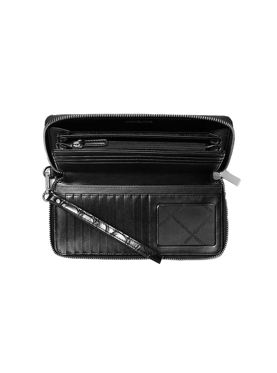 Michael Kors Women's Jet Set Travel Metallic Crocodile Embossed Leather Continental Wallet Black/Silver