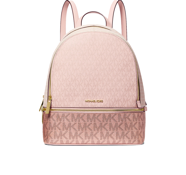 Michael Kors Women's Rhea Medium Metallic Signature Logo Backpack Powder Blush/Gold