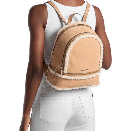 Michael Kors Women's Rhea Medium Suede and Faux Shearling Backpack Peanut/Gold