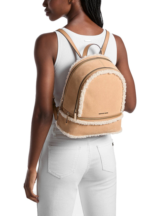 Michael Kors Women's Rhea Medium Suede and Faux Shearling Backpack Peanut/Gold