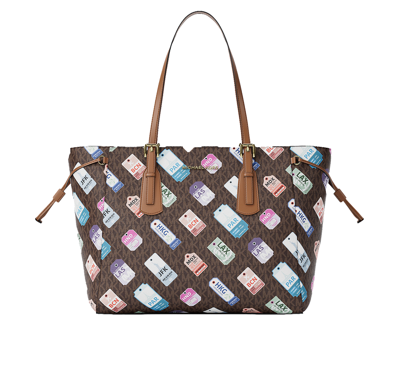 Michael Kors Women's Voyager Large Printed Signature Logo Tote Bag Brown/Gold
