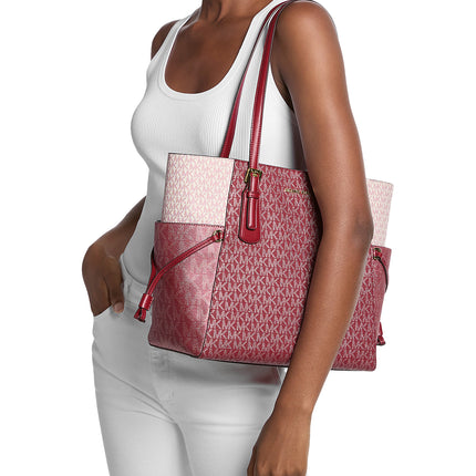 Michael Kors Women's Voyager Large Color-Block Metallic Signature Logo Tote Bag Cherry/Gold