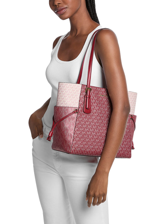 Michael Kors Women's Voyager Large Color-Block Metallic Signature Logo Tote Bag Cherry/Gold