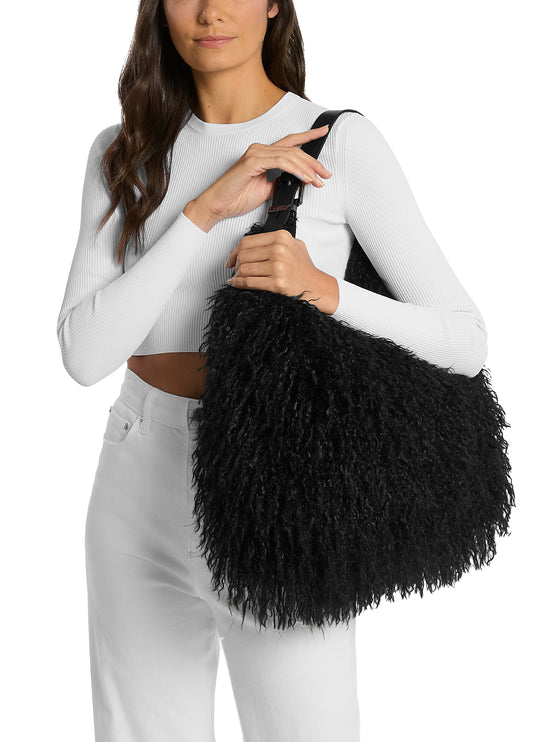 Michael Kors Women's Nolita Large Faux Shearling Hobo Shoulder Bag Black