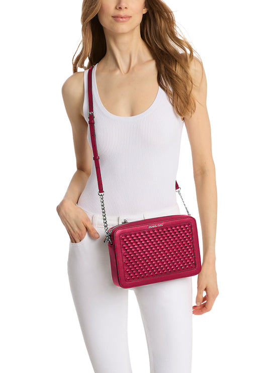 Michael Kors Women's Jet Set Large Woven Crossbody Bag Dark Raspberry/Silver