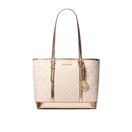 Michael Kors Women's Jet Set Travel Small Metallic Logo Top-Zip Tote Bag Rose Gold