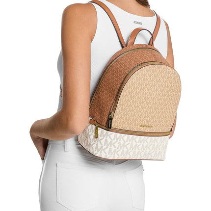 Michael Kors Women's Rhea Medium Color-Block Signature Logo Backpack Camel Multi/Gold