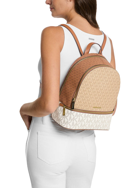 Michael Kors Women's Rhea Medium Color-Block Signature Logo Backpack Camel Multi/Gold