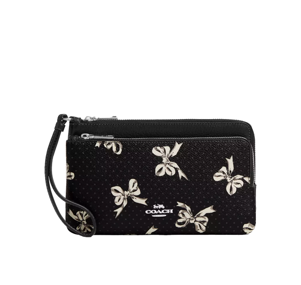 Coach Women's Double Zip Wallet With Bow Print Silver/Black Multi