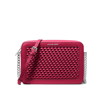 Michael Kors Women's Jet Set Large Woven Crossbody Bag Dark Raspberry/Silver