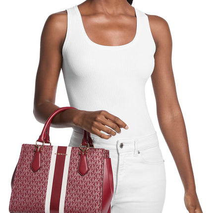 Michael Kors Women's Marilyn Medium Signature Logo Stripe Satchel Bag Cherry/Gold