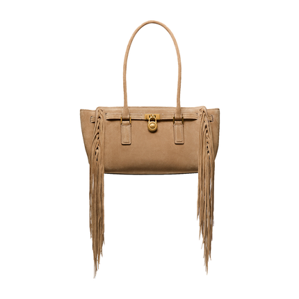 Michael Kors Women's Hamilton Moderne Small Fringed Suede Satchel Bag Husk/Gold