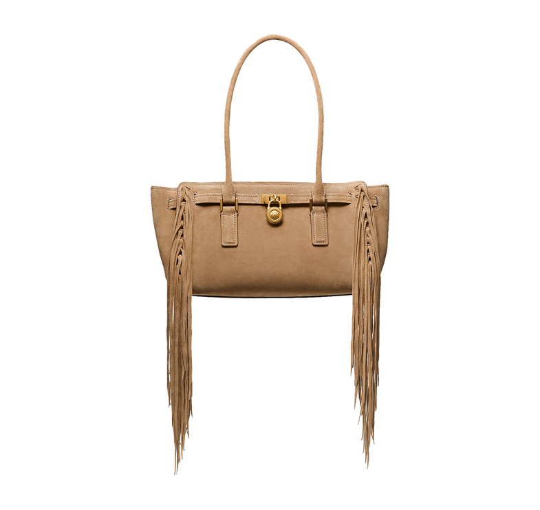 Michael Kors Women's Hamilton Moderne Small Fringed Suede Satchel Bag Husk/Gold
