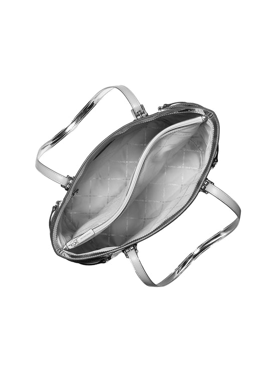 Michael Kors Women's Voyager Large Patent Logo Debossed Tote Bag Silver