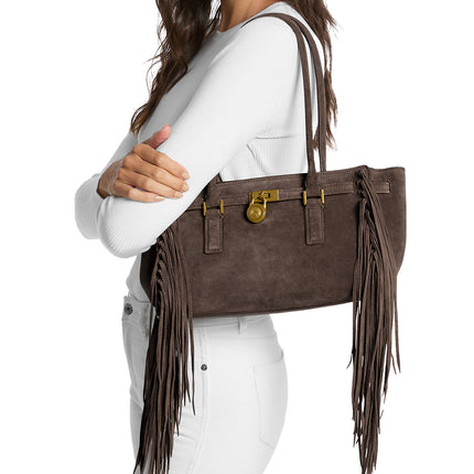 Michael Kors Women's Hamilton Moderne Small Fringed Suede Satchel Bag Chocolate/Gold